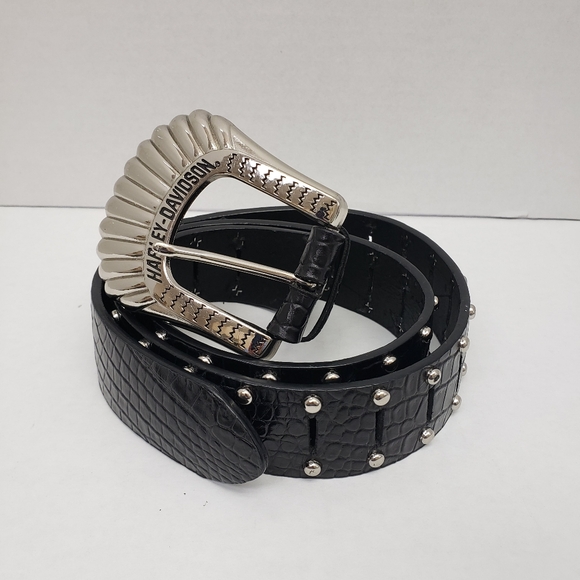 Harley Davidson Lg womens black leather belt silver buckle Waist 34-38 Flawed - Picture 2 of 8